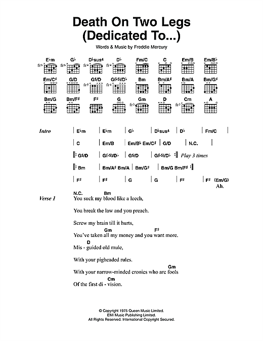 Queen Death On Two Legs (Dedicated To...) sheet music notes and chords arranged for Guitar Chords/Lyrics