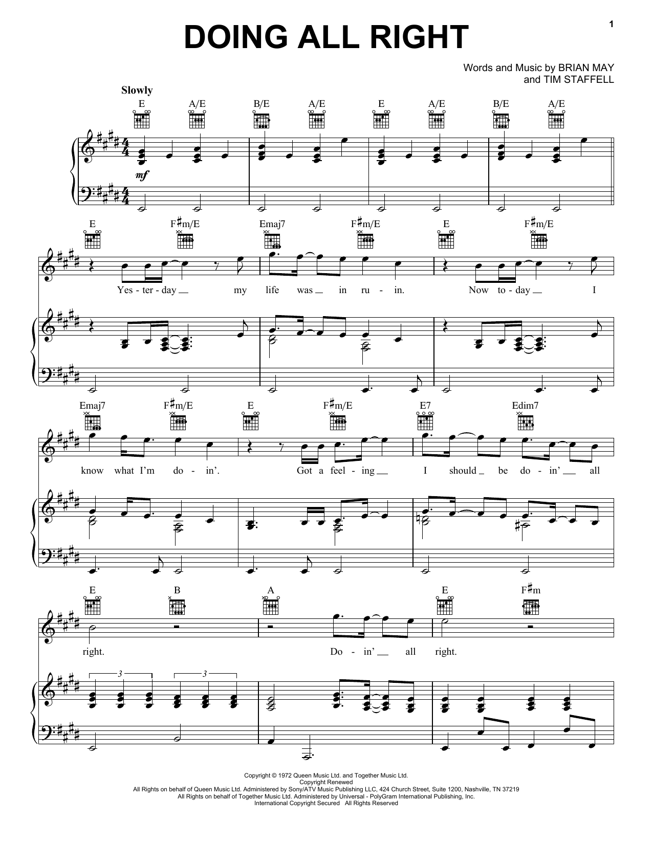 Queen Doing All Right sheet music notes and chords arranged for Piano, Vocal & Guitar Chords (Right-Hand Melody)