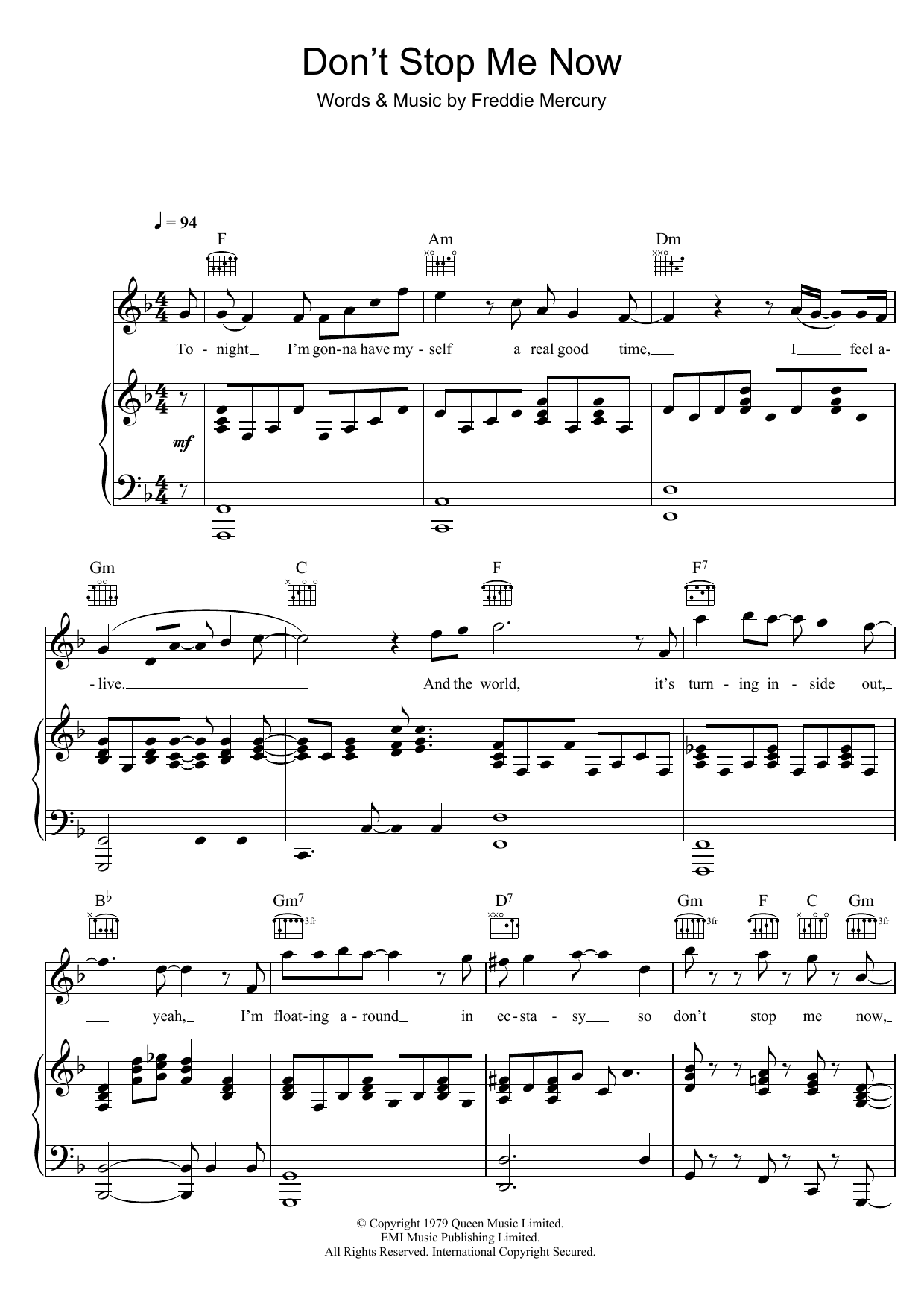 Queen Don't Stop Me Now sheet music notes and chords. Download Printable PDF.