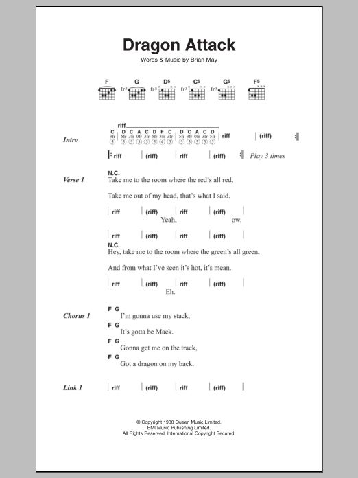 Queen Dragon Attack sheet music notes and chords arranged for Guitar Chords/Lyrics