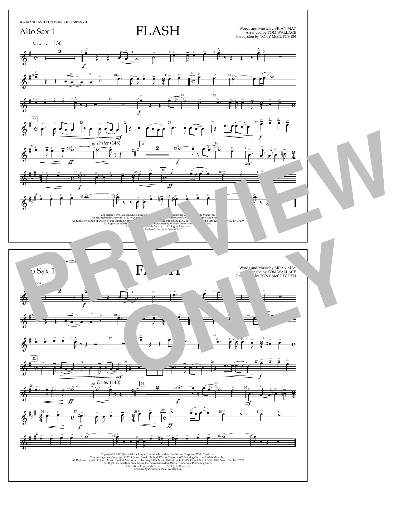 Queen Flash (arr. Tom Wallace) - Alto Sax 1 sheet music notes and chords arranged for Marching Band