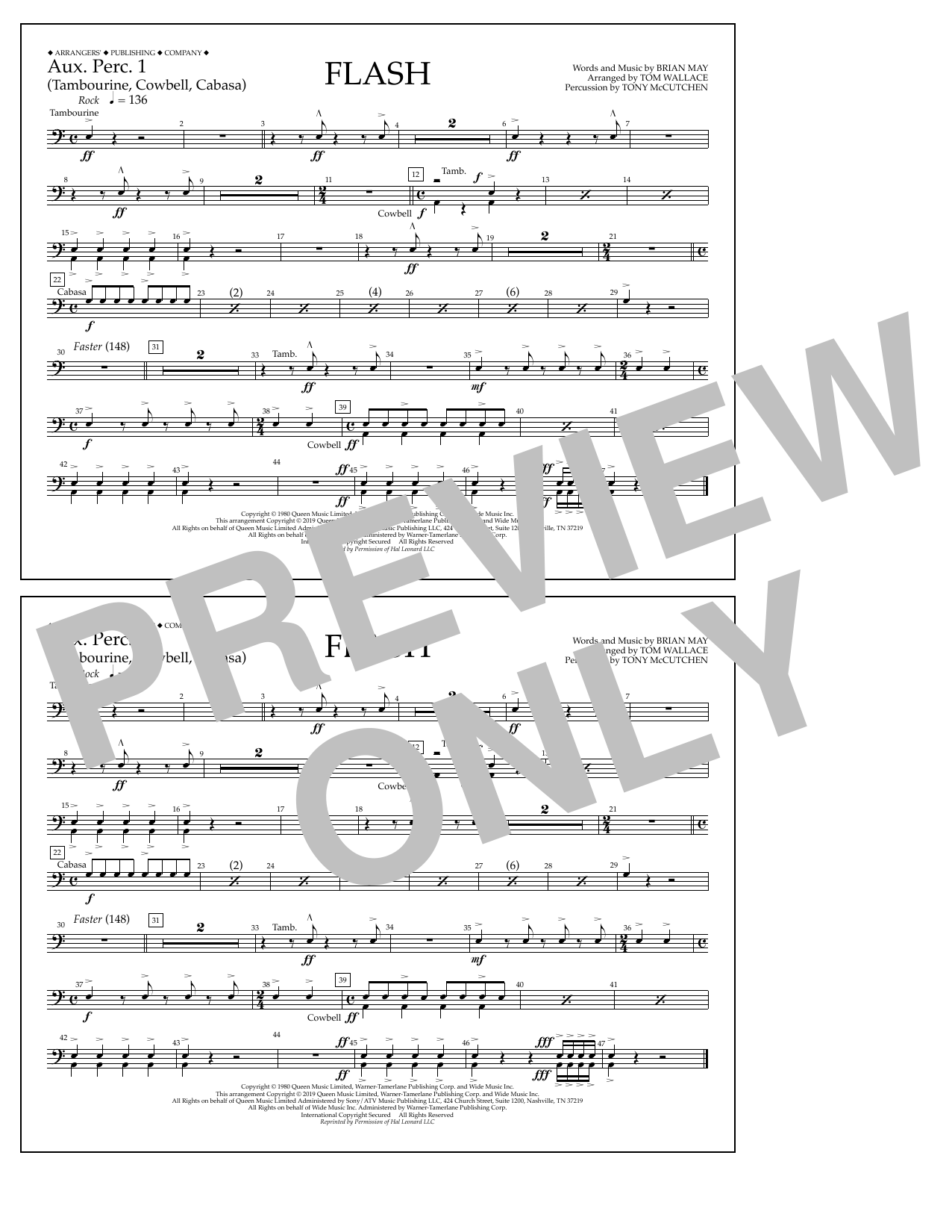 Queen Flash (arr. Tom Wallace) - Aux. Perc. 1 sheet music notes and chords arranged for Marching Band