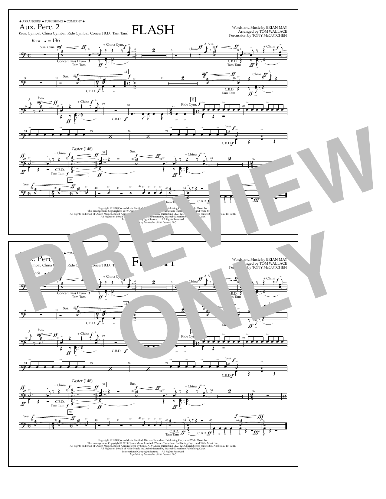 Queen Flash (arr. Tom Wallace) - Aux. Perc. 2 sheet music notes and chords arranged for Marching Band