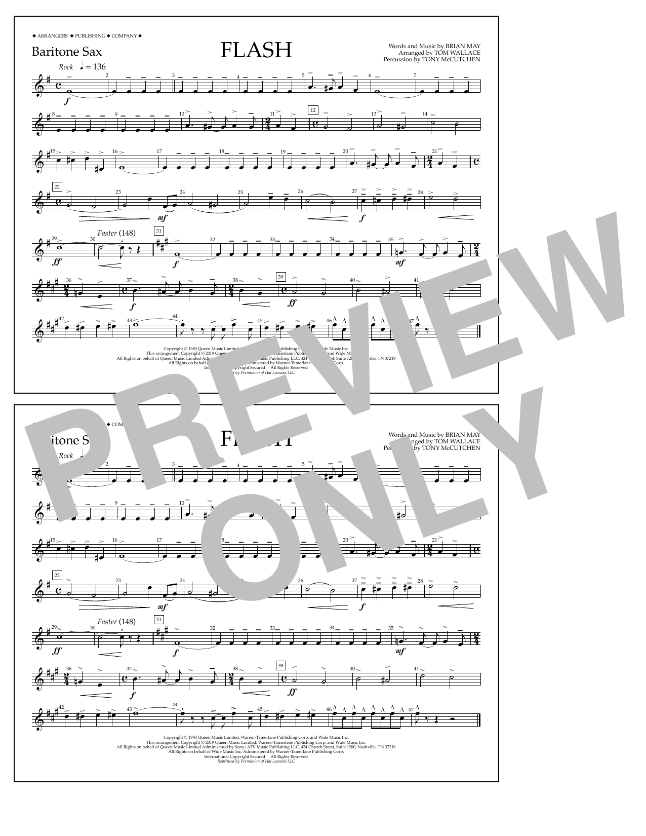 Queen Flash (arr. Tom Wallace) - Baritone Sax sheet music notes and chords arranged for Marching Band