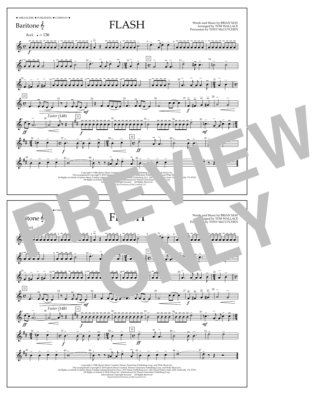 Queen Flash (arr. Tom Wallace) - Baritone T.C. sheet music notes and chords arranged for Marching Band