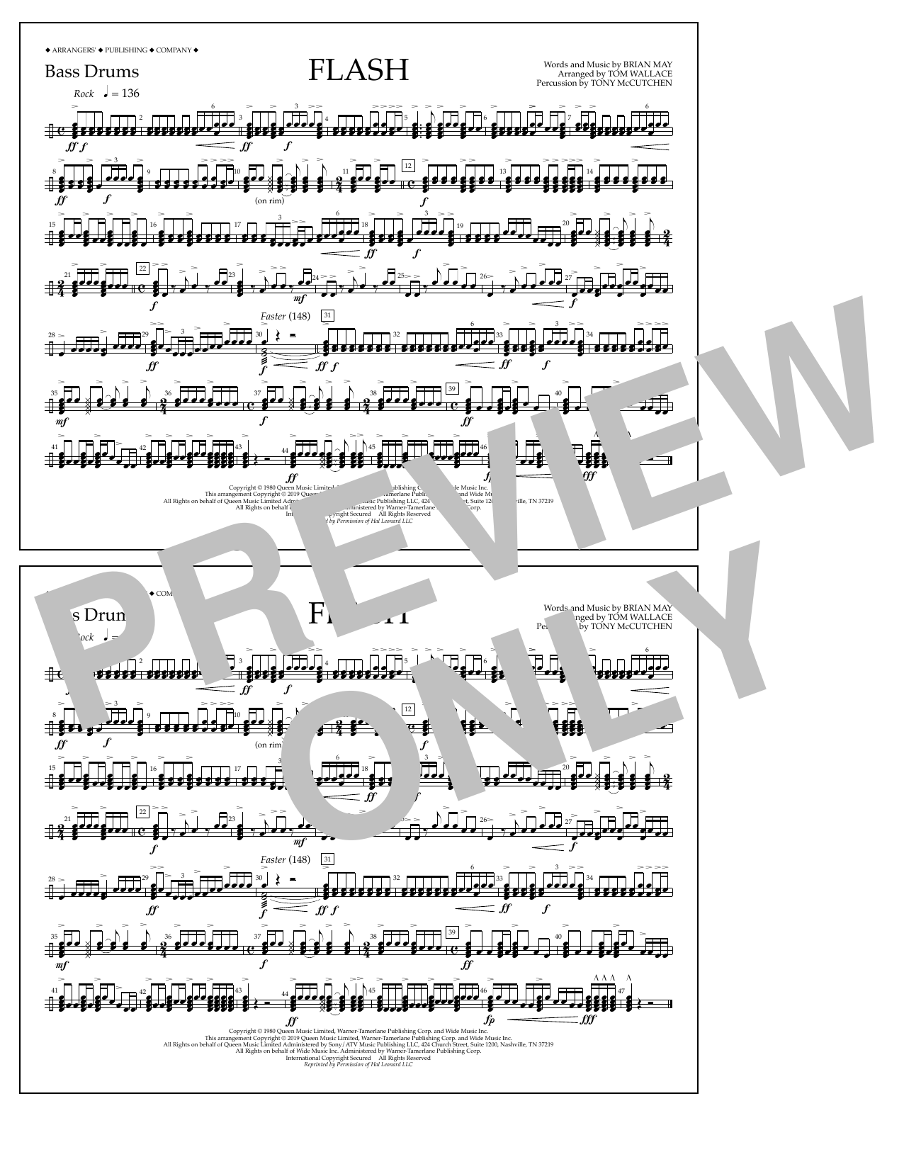 Queen Flash (arr. Tom Wallace) - Bass Drums sheet music notes and chords arranged for Marching Band