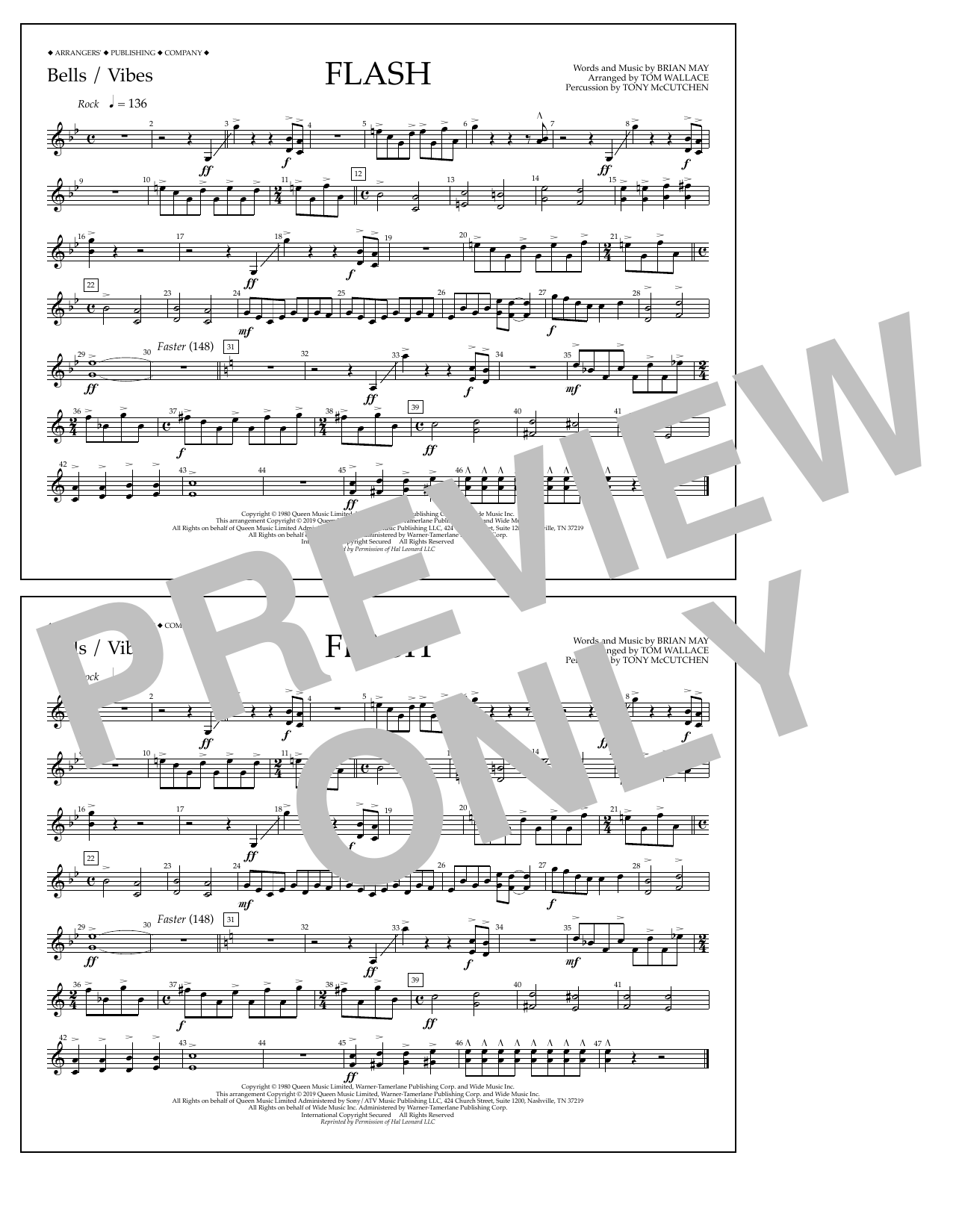 Queen Flash (arr. Tom Wallace) - Bells/Vibes sheet music notes and chords arranged for Marching Band