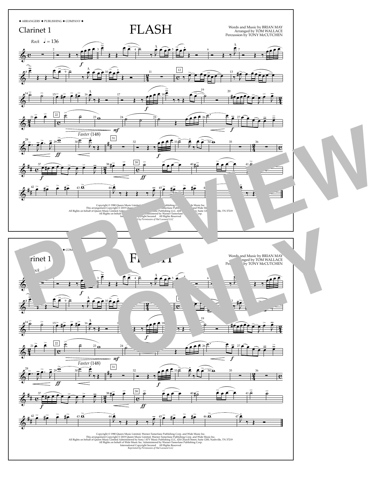 Queen Flash (arr. Tom Wallace) - Clarinet 1 sheet music notes and chords arranged for Marching Band