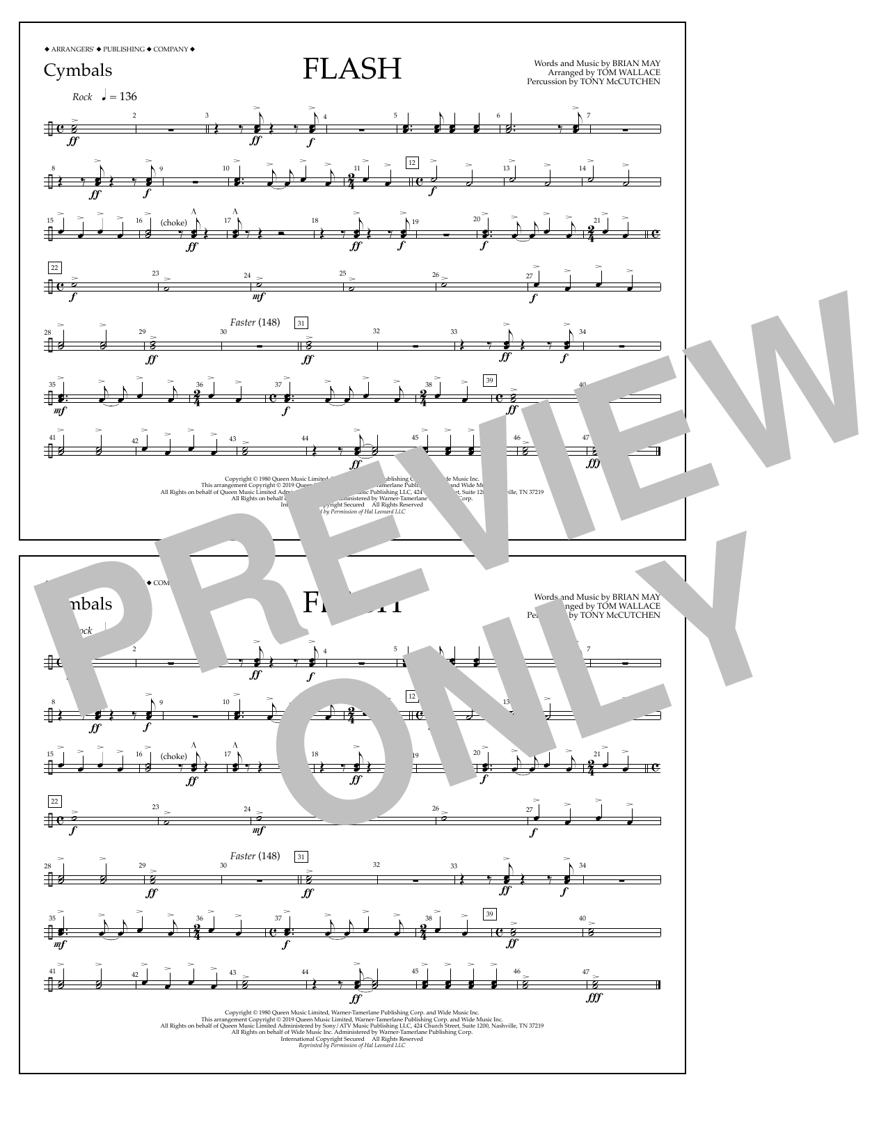 Queen Flash (arr. Tom Wallace) - Cymbals sheet music notes and chords arranged for Marching Band