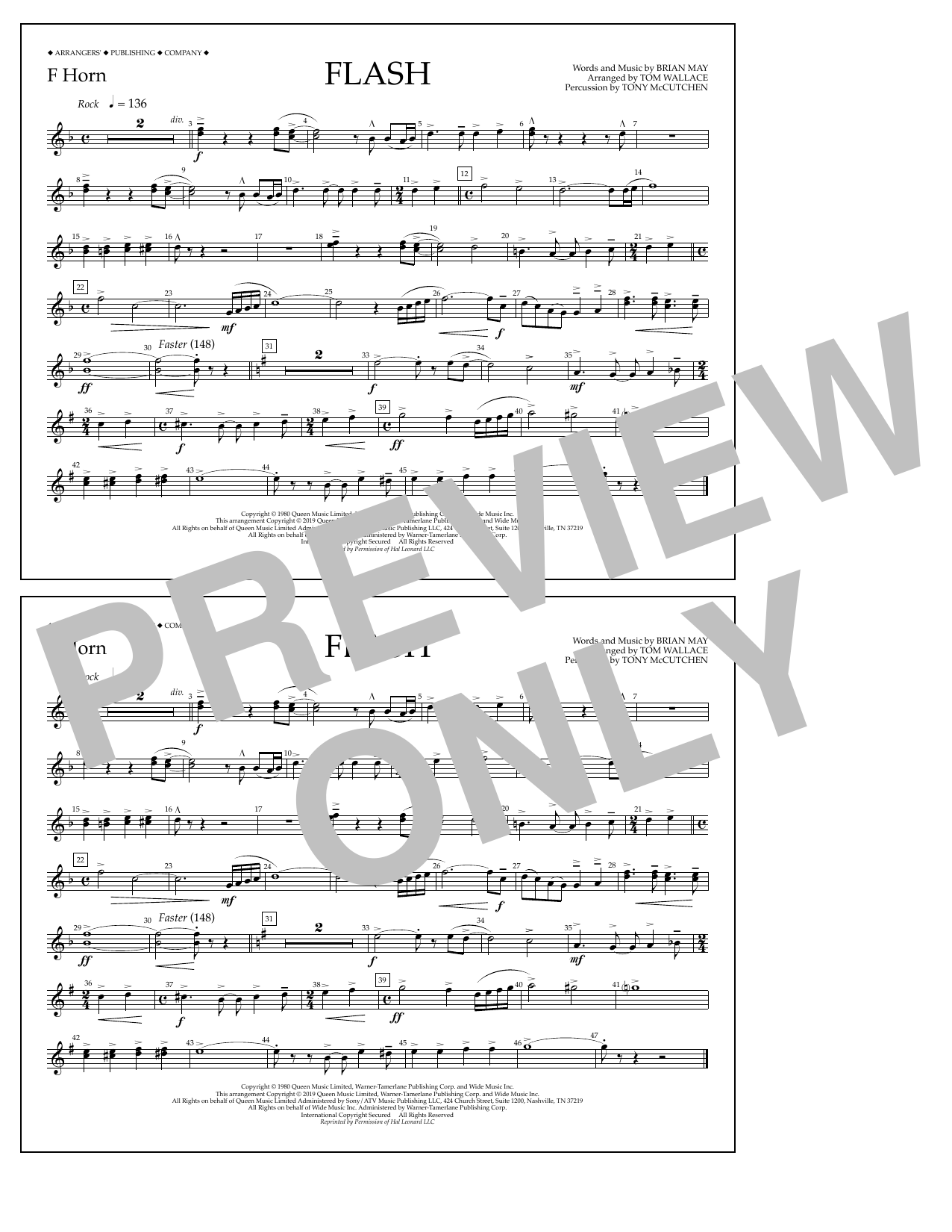 Queen Flash (arr. Tom Wallace) - F Horn sheet music notes and chords arranged for Marching Band