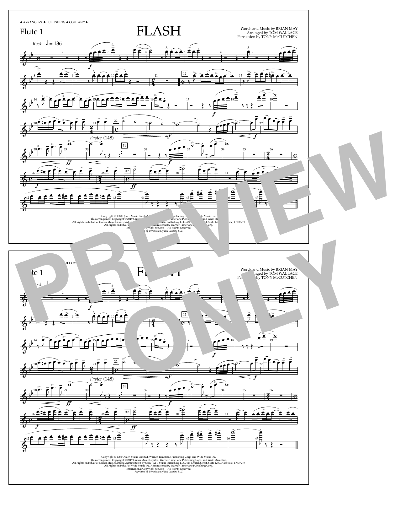 Queen Flash (arr. Tom Wallace) - Flute 1 sheet music notes and chords arranged for Marching Band