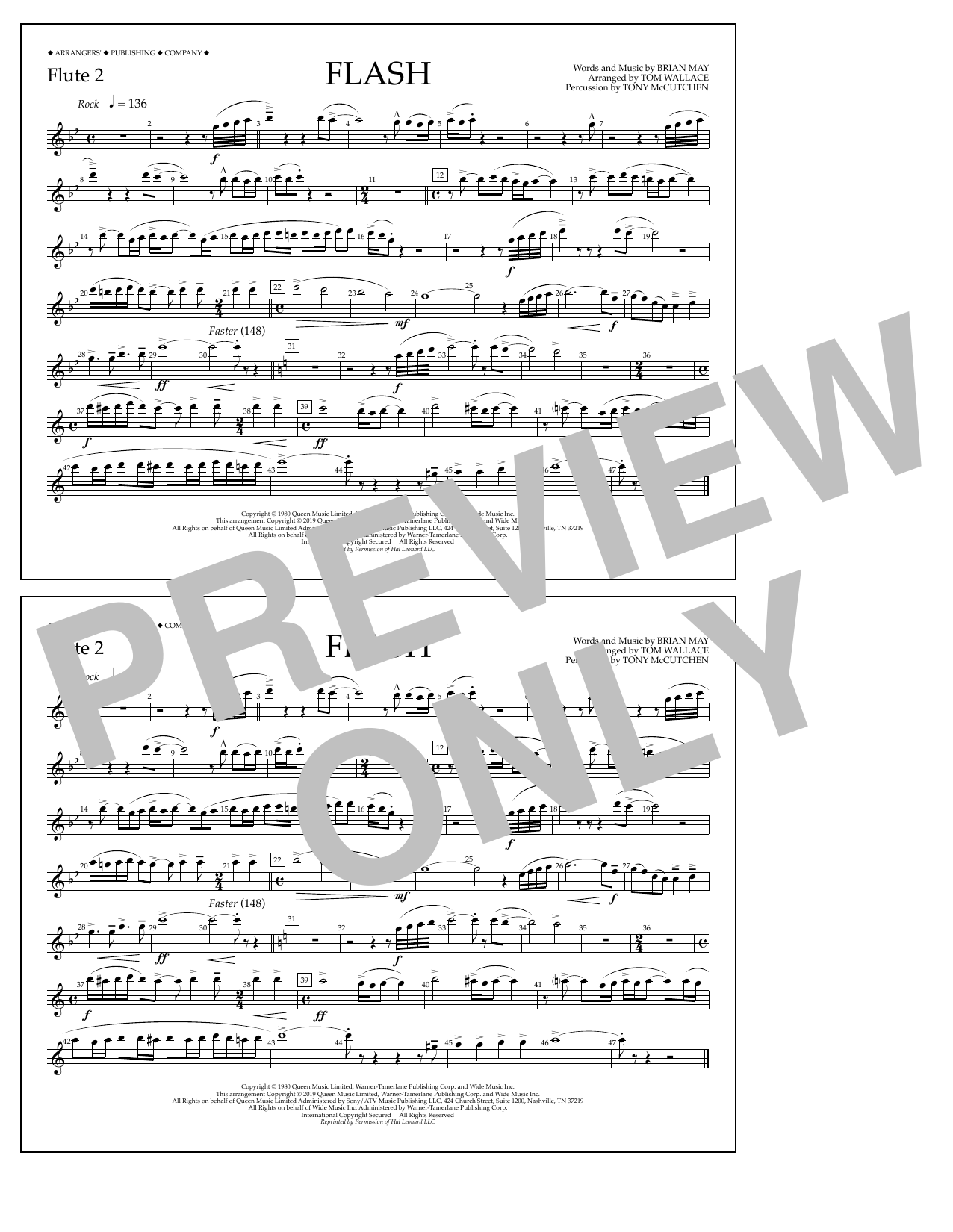 Queen Flash (arr. Tom Wallace) - Flute 2 sheet music notes and chords arranged for Marching Band