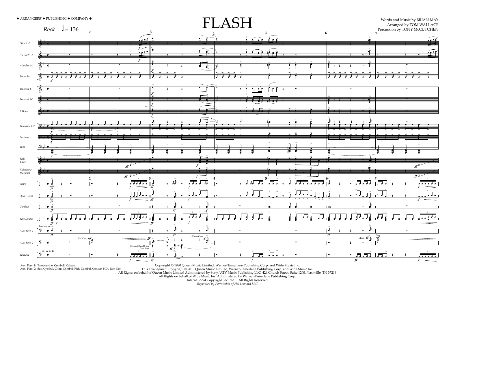 Queen Flash (arr. Tom Wallace) - Full Score sheet music notes and chords arranged for Marching Band