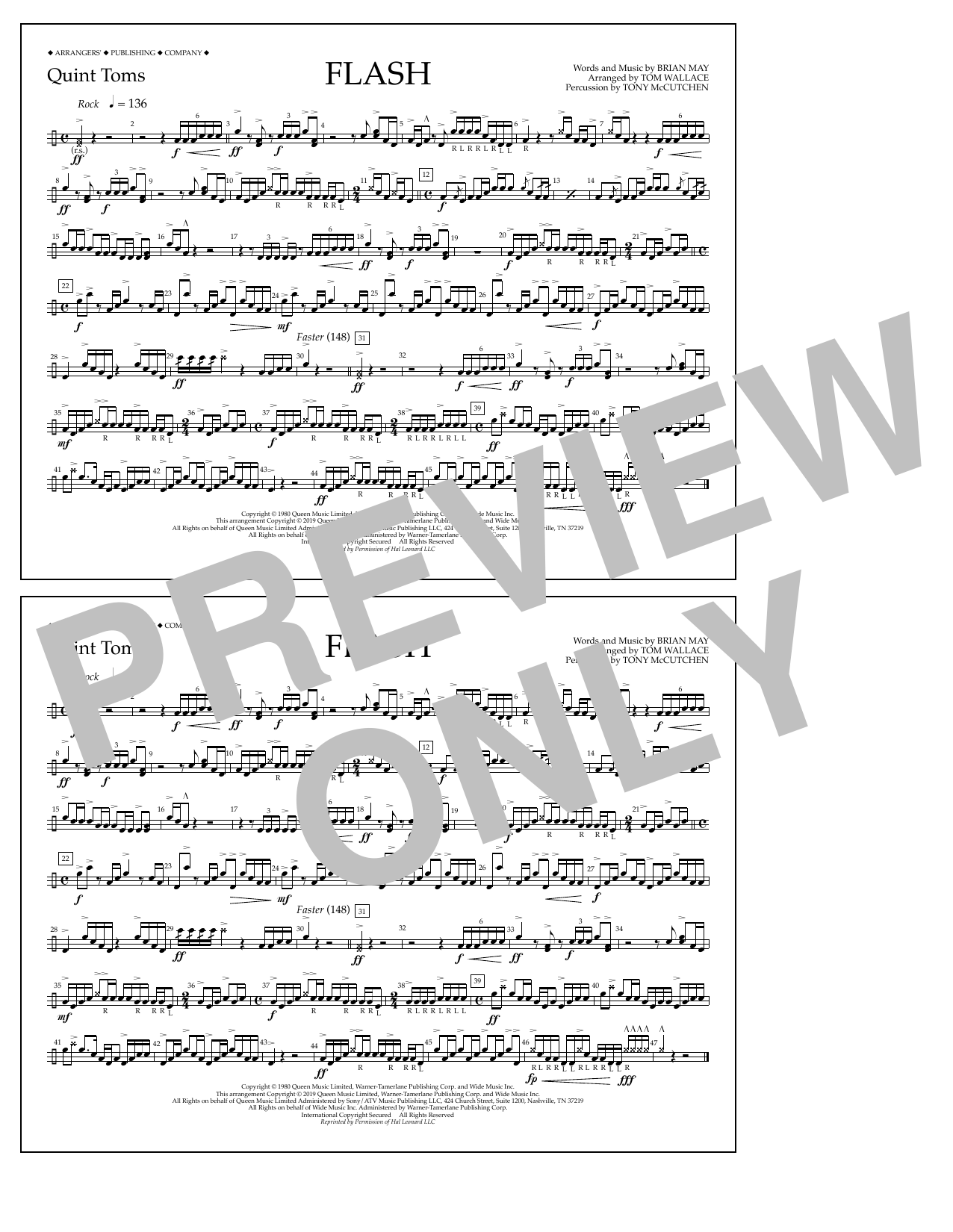 Queen Flash (arr. Tom Wallace) - Quint-Toms sheet music notes and chords arranged for Marching Band