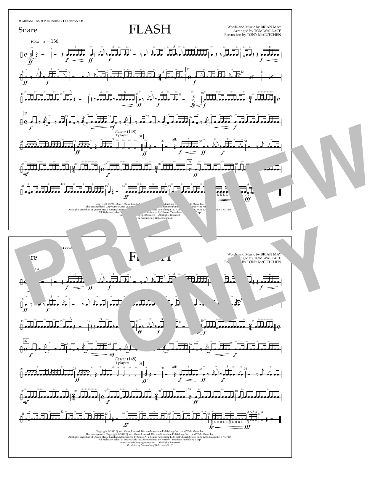Queen Flash (arr. Tom Wallace) - Snare sheet music notes and chords arranged for Marching Band