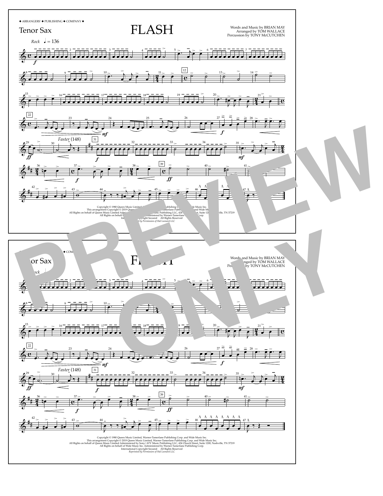Queen Flash (arr. Tom Wallace) - Tenor Sax sheet music notes and chords arranged for Marching Band