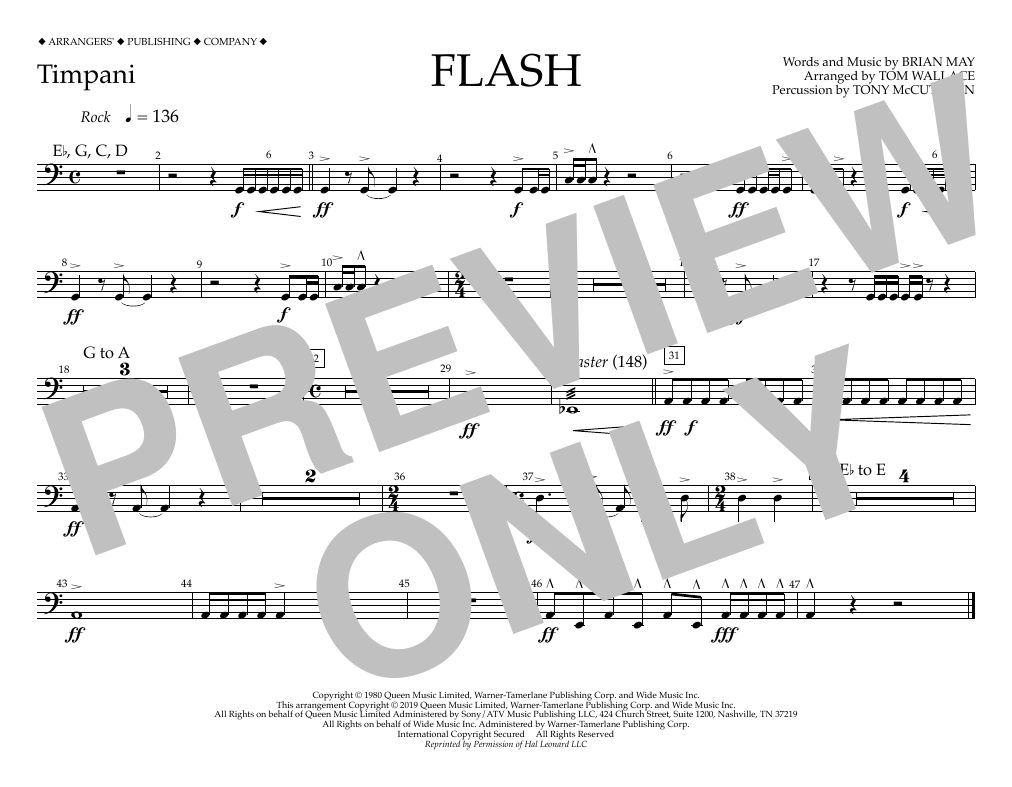 Queen Flash (arr. Tom Wallace) - Timpani sheet music notes and chords arranged for Marching Band