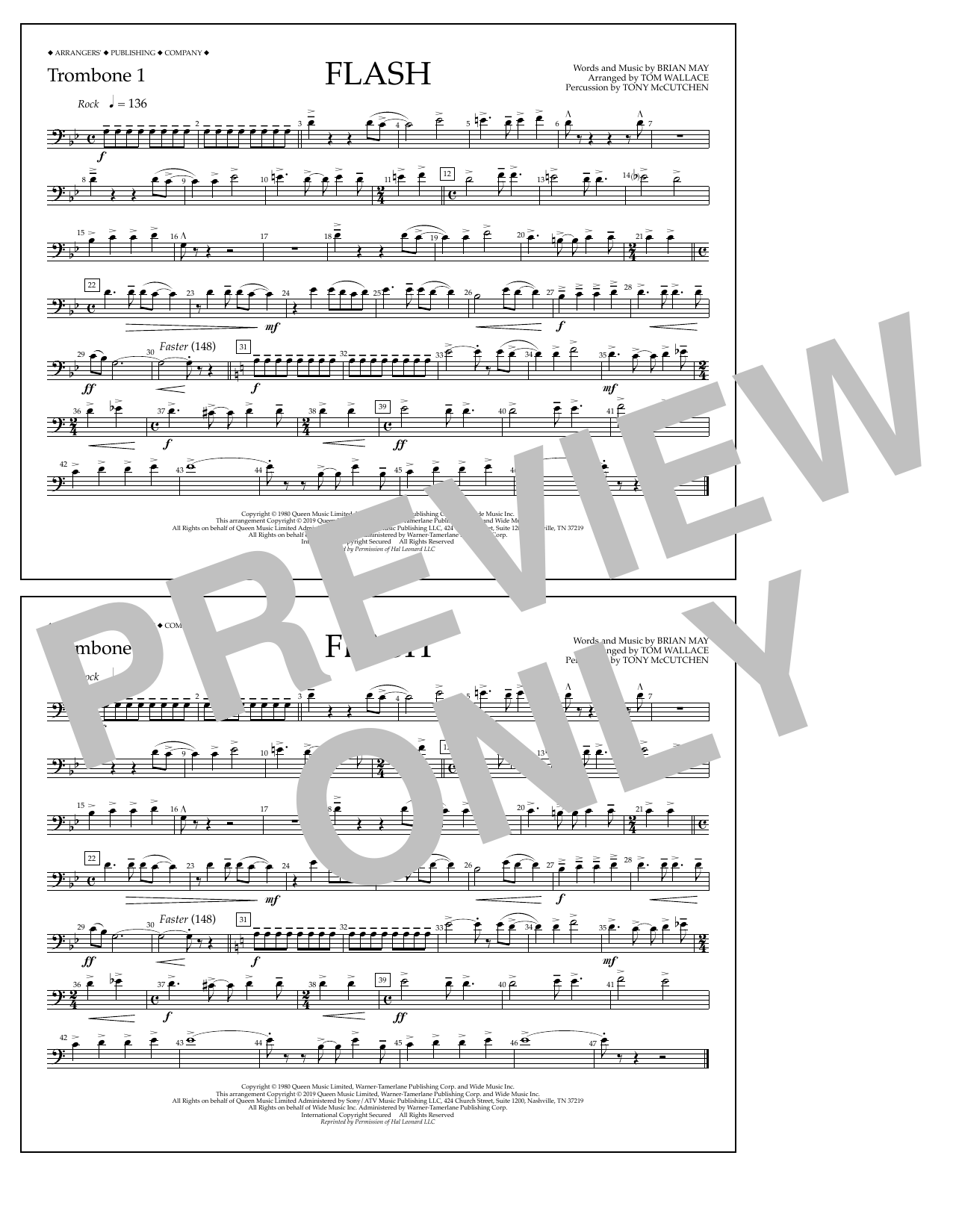 Queen Flash (arr. Tom Wallace) - Trombone 1 sheet music notes and chords arranged for Marching Band