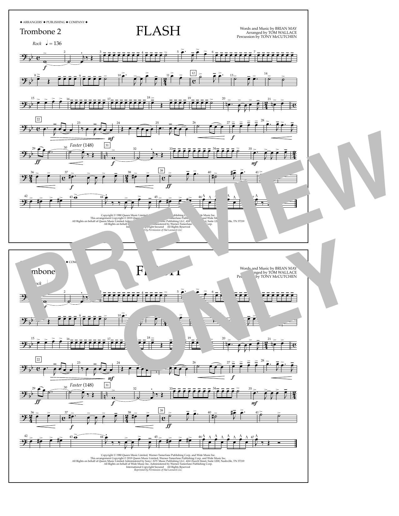 Queen Flash (arr. Tom Wallace) - Trombone 2 sheet music notes and chords arranged for Marching Band