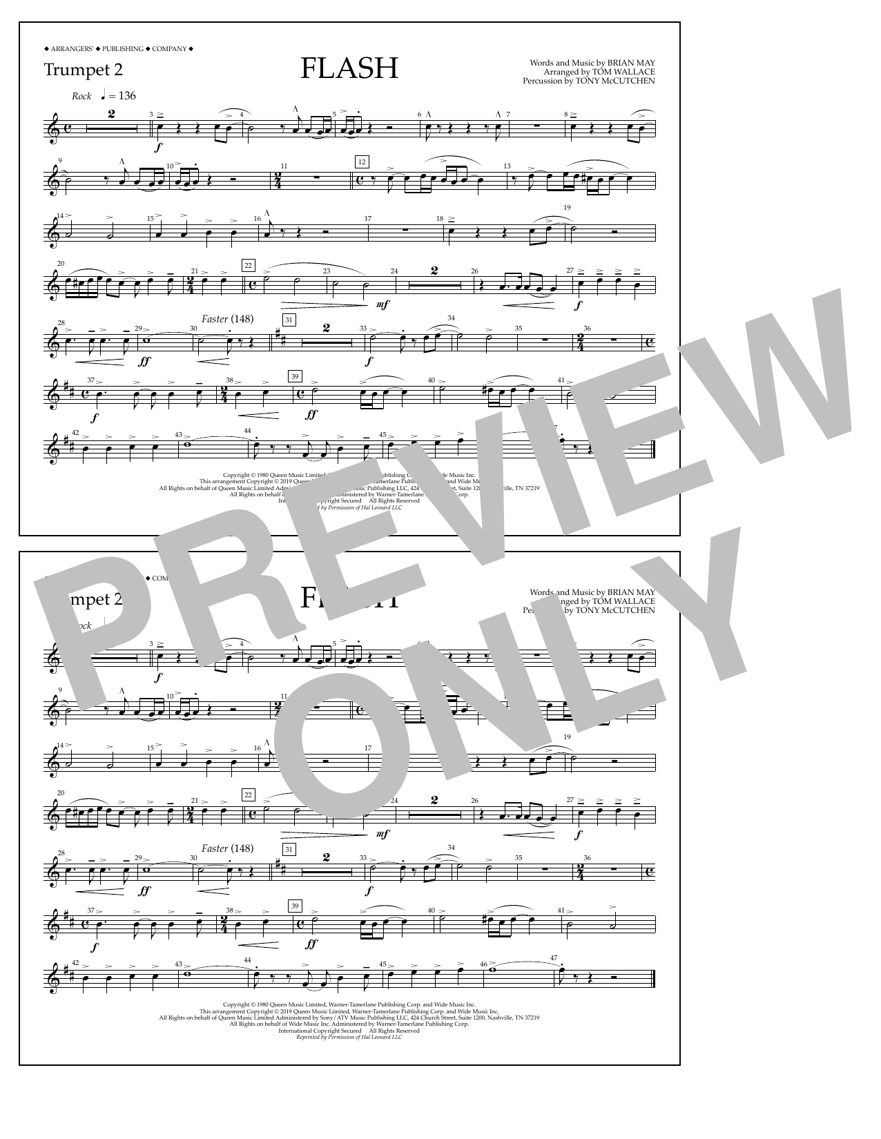 Queen Flash (arr. Tom Wallace) - Trumpet 2 sheet music notes and chords arranged for Marching Band