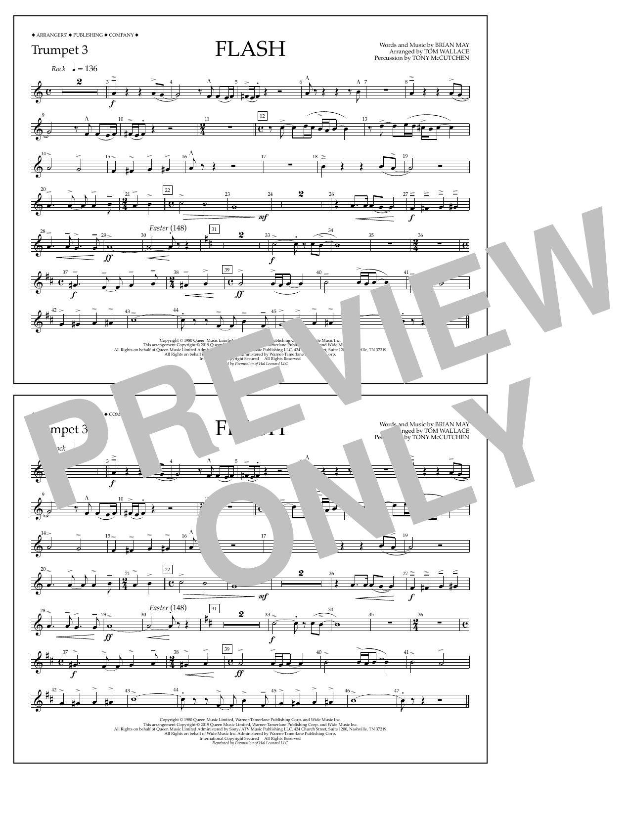 Queen Flash (arr. Tom Wallace) - Trumpet 3 sheet music notes and chords arranged for Marching Band