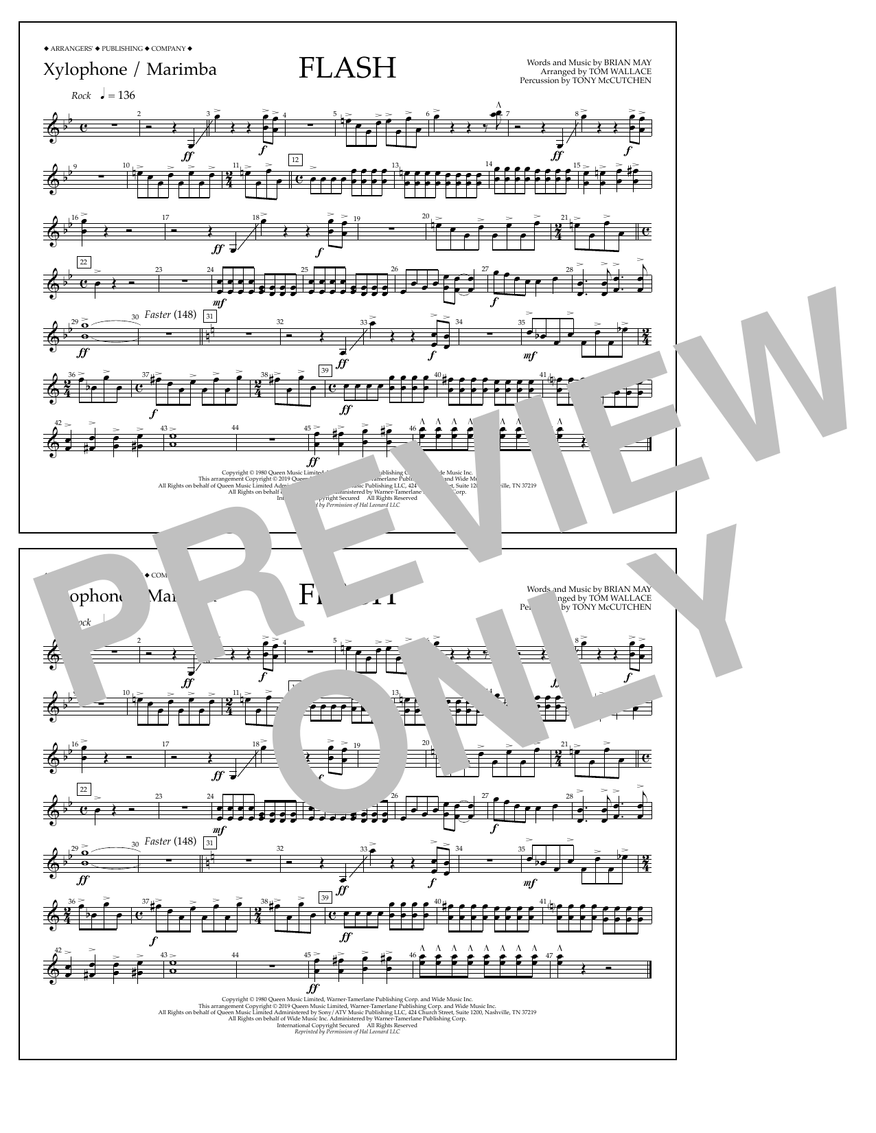 Queen Flash (arr. Tom Wallace) - Xylophone/Marimba sheet music notes and chords arranged for Marching Band