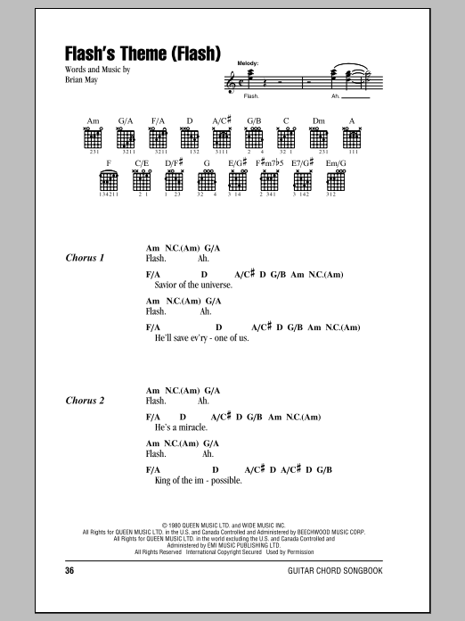 Queen Flash's Theme (Flash) sheet music notes and chords arranged for Piano, Vocal & Guitar Chords (Right-Hand Melody)
