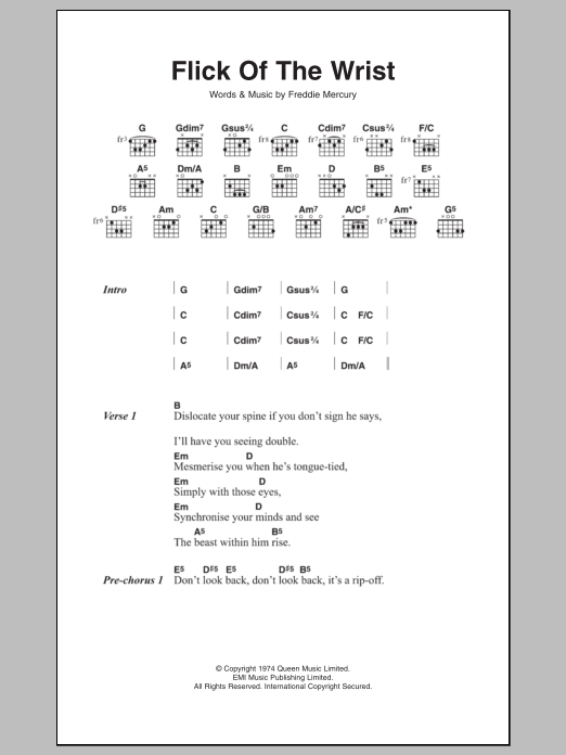 Queen Flick Of The Wrist sheet music notes and chords arranged for Guitar Chords/Lyrics