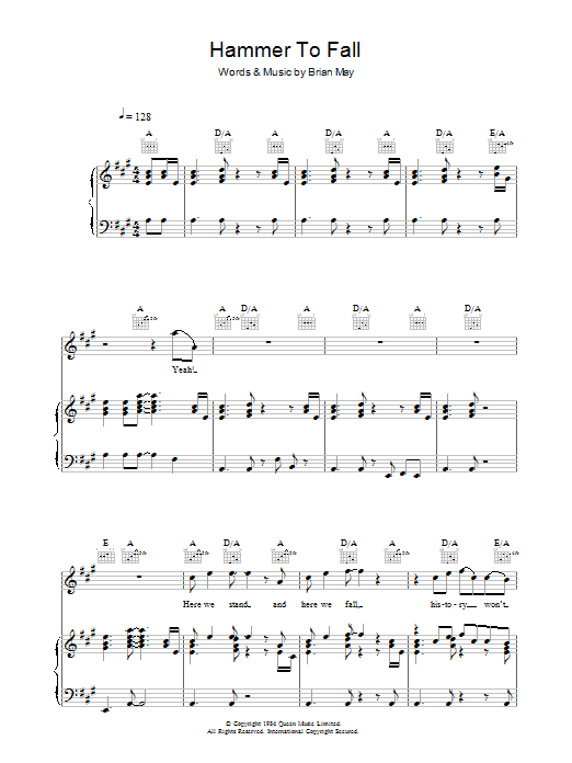 Queen Hammer To Fall sheet music notes and chords arranged for Super Easy Piano