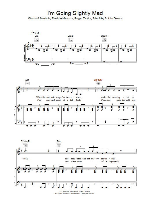 Queen I'm Going Slightly Mad sheet music notes and chords arranged for Transcribed Score
