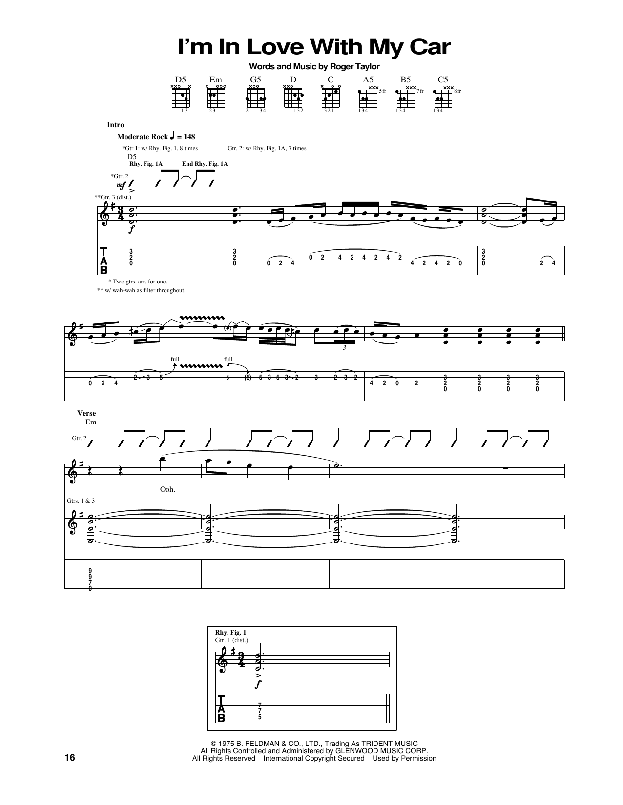 Queen I'm In Love With My Car sheet music notes and chords arranged for Guitar Tab