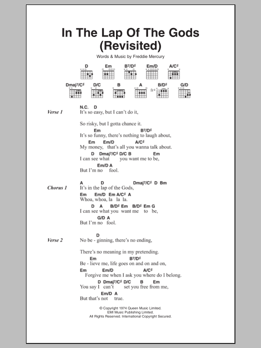Queen In The Lap Of The Gods (Revisited) sheet music notes and chords arranged for Guitar Chords/Lyrics
