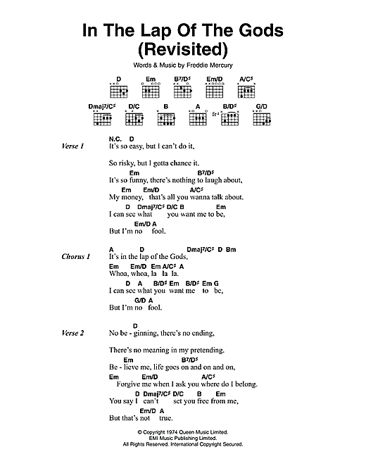 Queen In The Lap Of The Gods (Revisited) sheet music notes and chords arranged for Guitar Chords/Lyrics