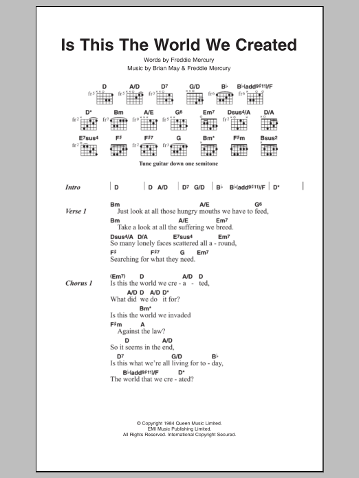 Queen Is This The World We Created sheet music notes and chords arranged for Guitar Chords/Lyrics