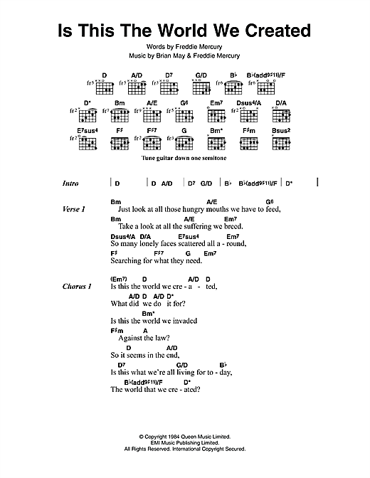 Queen Is This The World We Created sheet music notes and chords arranged for Guitar Chords/Lyrics