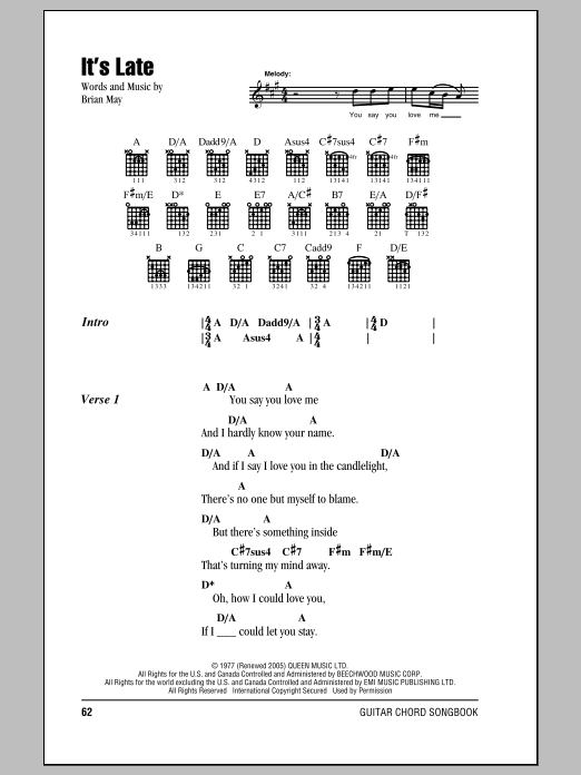 Queen It's Late sheet music notes and chords arranged for Piano, Vocal & Guitar Chords (Right-Hand Melody)