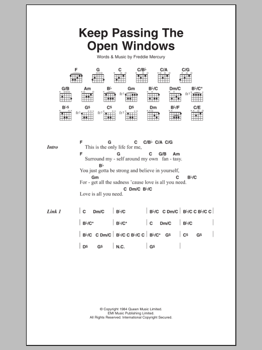 Queen Keep Passing The Open Windows sheet music notes and chords arranged for Guitar Chords/Lyrics