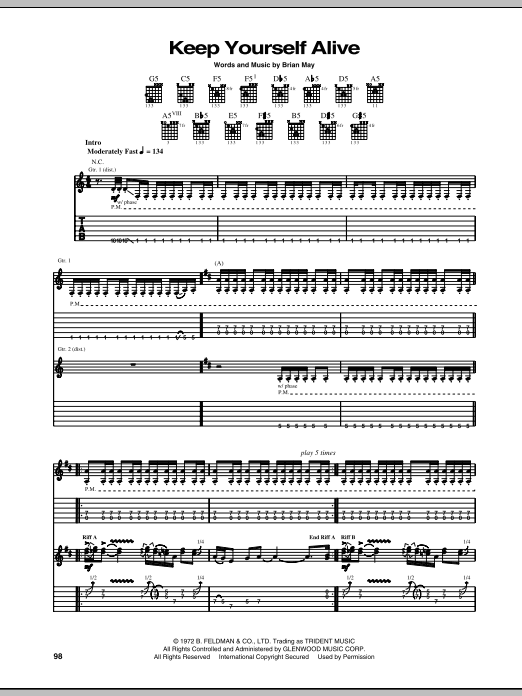 Queen Keep Yourself Alive sheet music notes and chords arranged for Piano, Vocal & Guitar Chords (Right-Hand Melody)
