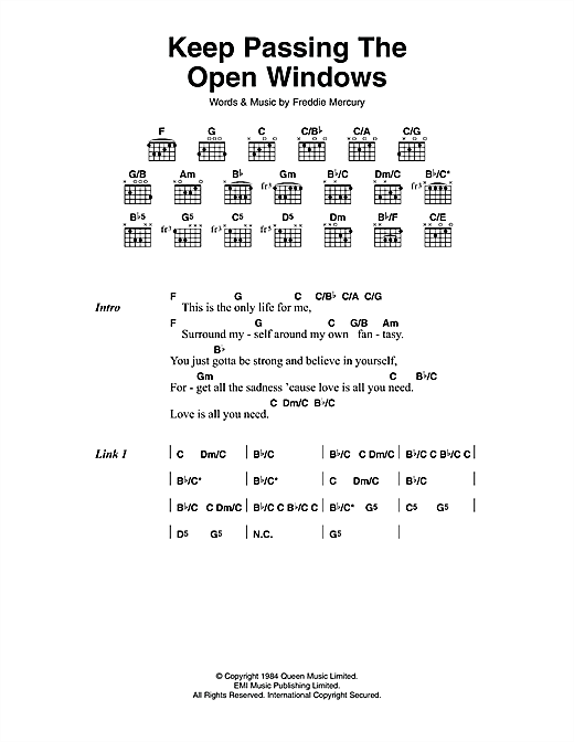 Queen Keep Passing The Open Windows sheet music notes and chords arranged for Guitar Chords/Lyrics