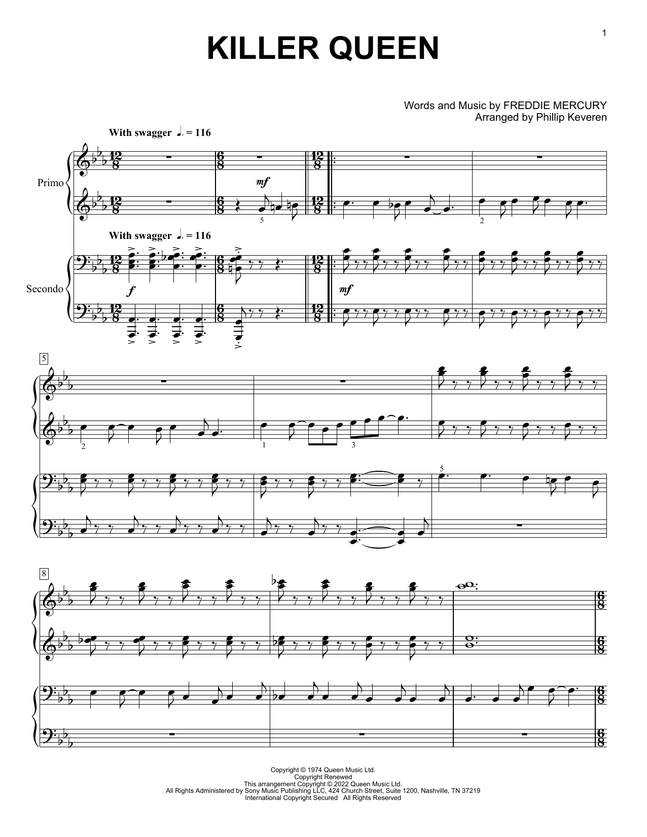 Queen Killer Queen (arr. Phillip Keveren) sheet music notes and chords arranged for Piano Duet