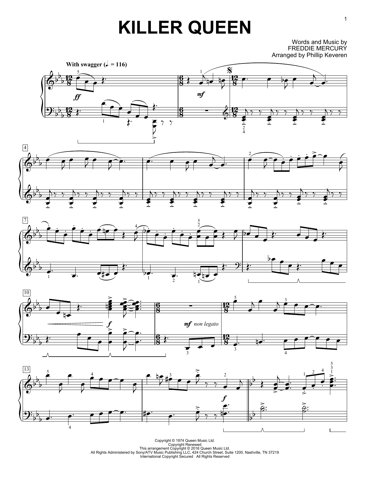Queen Killer Queen [Classical version] (arr. Phillip Keveren) sheet music notes and chords arranged for Piano Solo