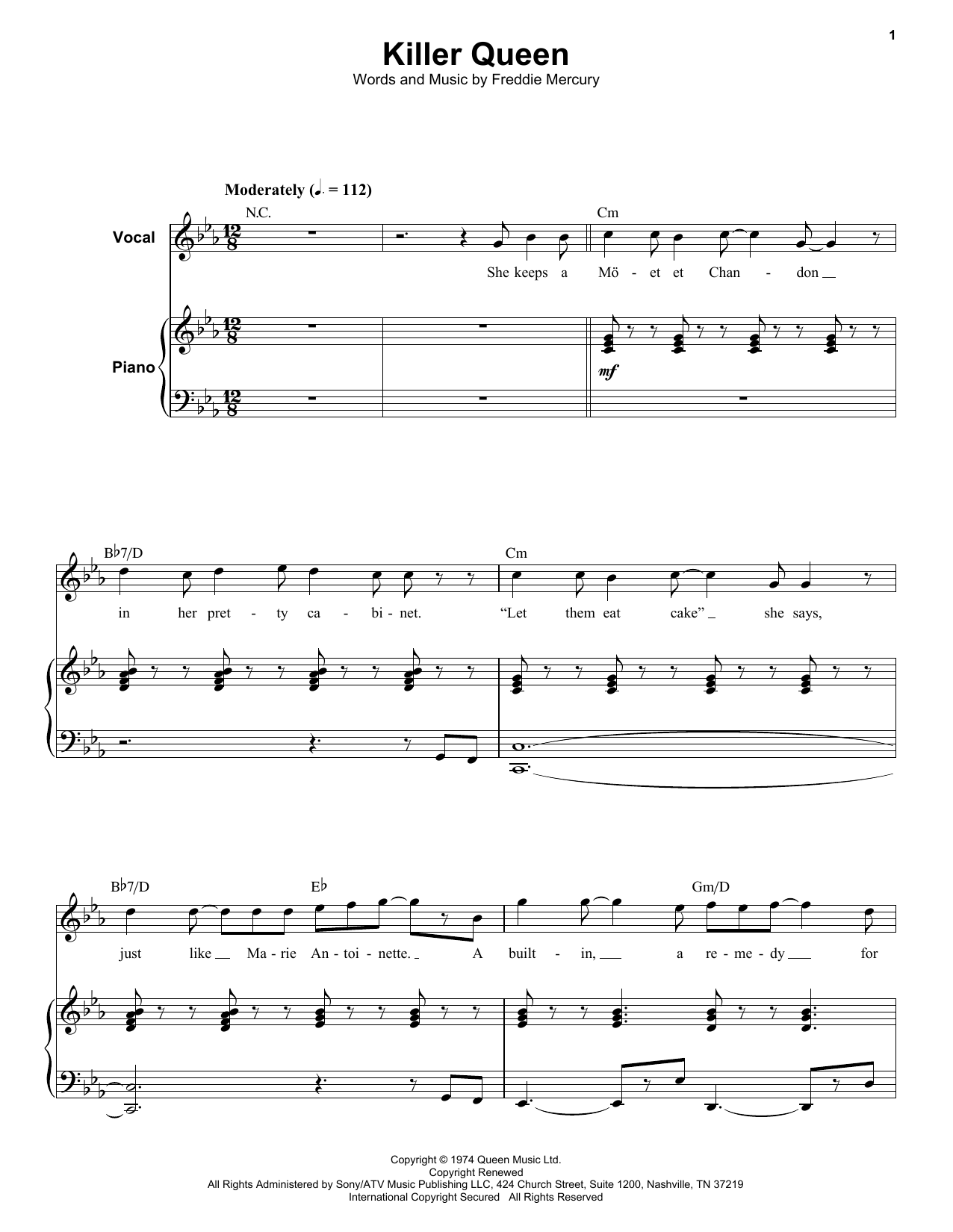 Queen Killer Queen sheet music notes and chords arranged for Pro Vocal