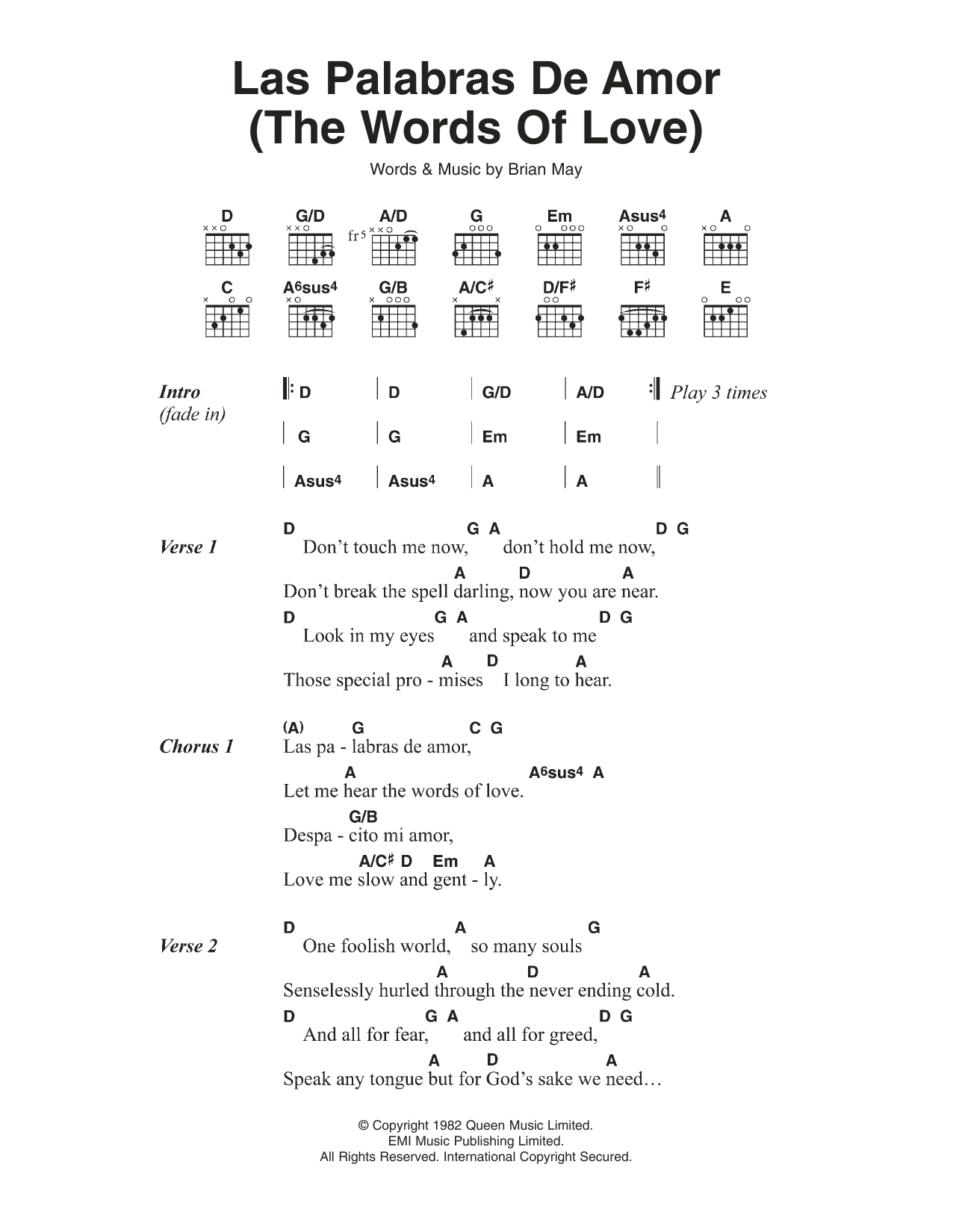 Queen Las Palabras De Amor (The Words Of Love) sheet music notes and chords arranged for Guitar Chords/Lyrics