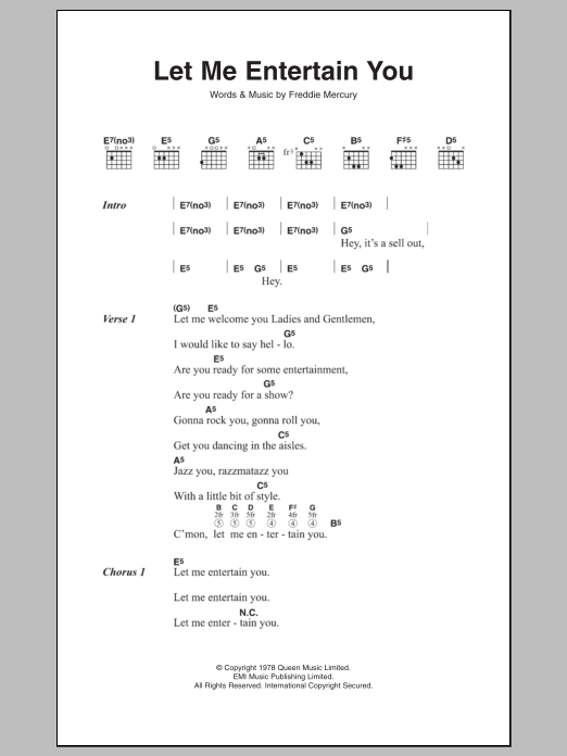Queen Let Me Entertain You sheet music notes and chords arranged for Guitar Chords/Lyrics