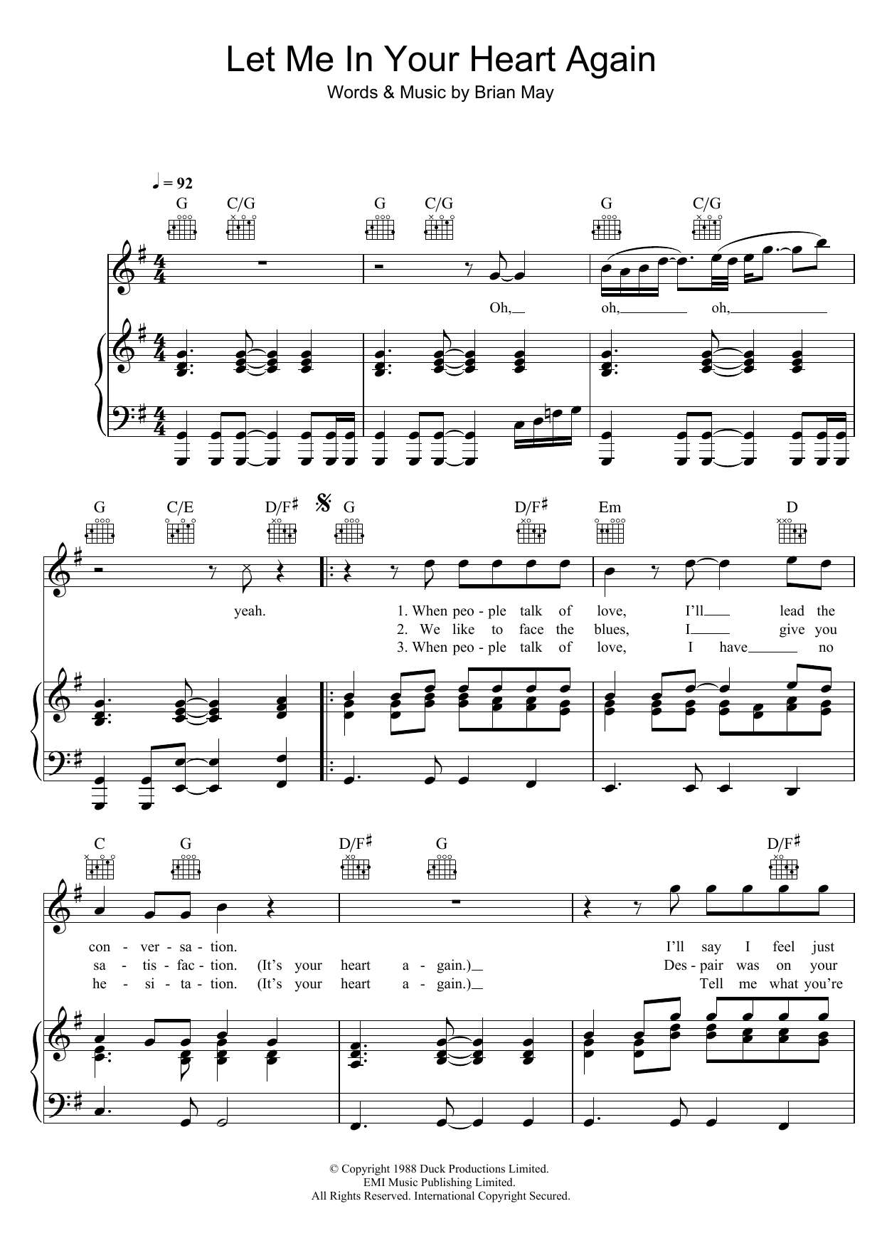 Queen Let Me In Your Heart Again sheet music notes and chords arranged for Piano, Vocal & Guitar Chords