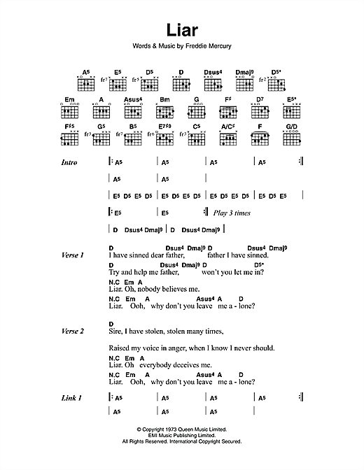 Queen Liar sheet music notes and chords arranged for Guitar Chords/Lyrics