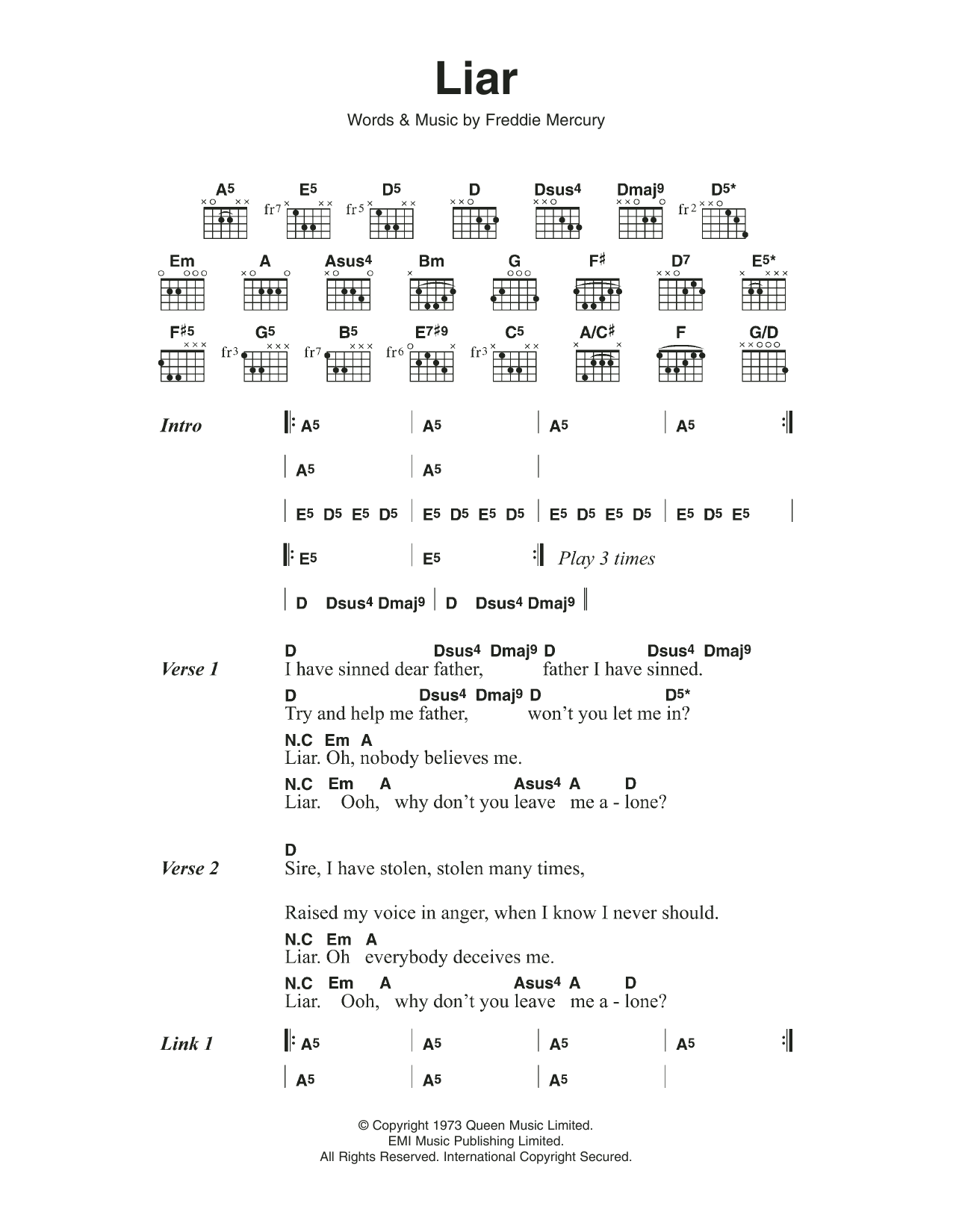 Queen Liar sheet music notes and chords arranged for Guitar Chords/Lyrics