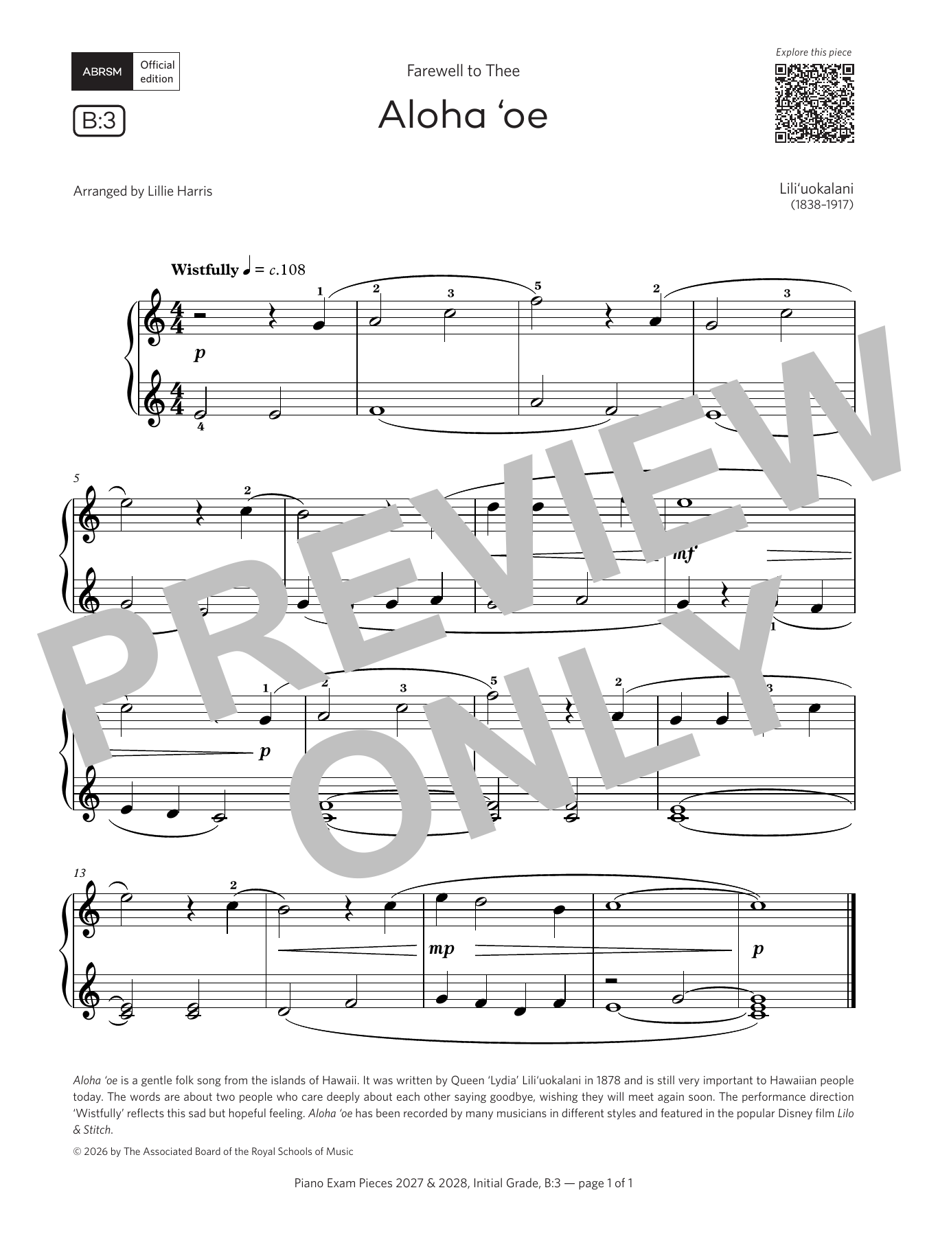 Queen Lili'uokalani Aloha 'oe (Grade Initial, list B3, from the ABRSM Piano Syllabus 2027 & 2028) sheet music notes and chords arranged for Piano Solo