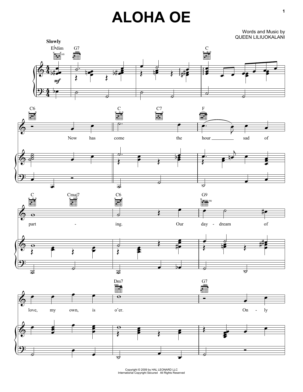 Queen Liliuokalani Aloha Oe sheet music notes and chords arranged for Super Easy Piano