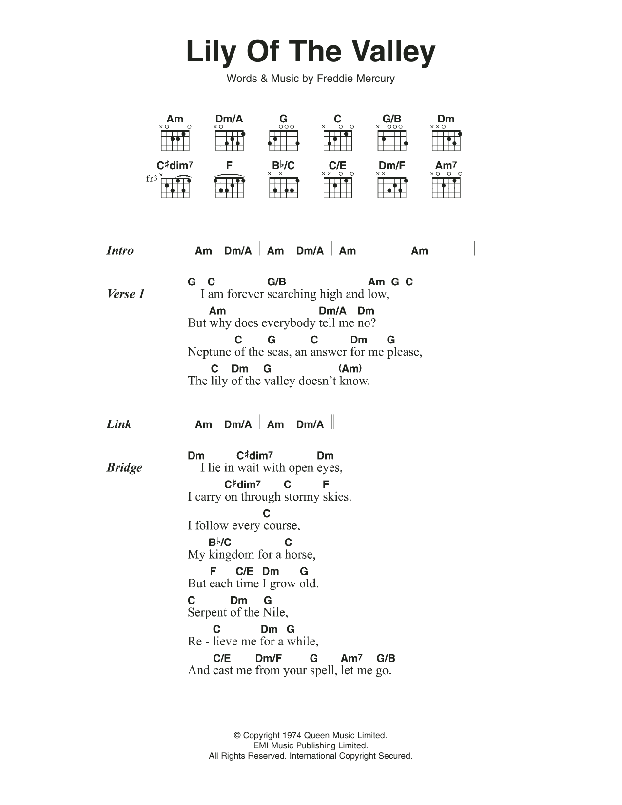 Queen Lily Of The Valley sheet music notes and chords arranged for Guitar Chords/Lyrics